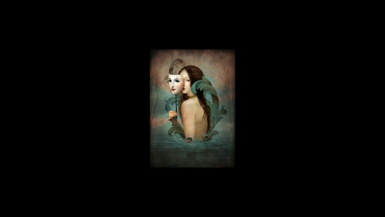 Painting of a woman wearing a mask.